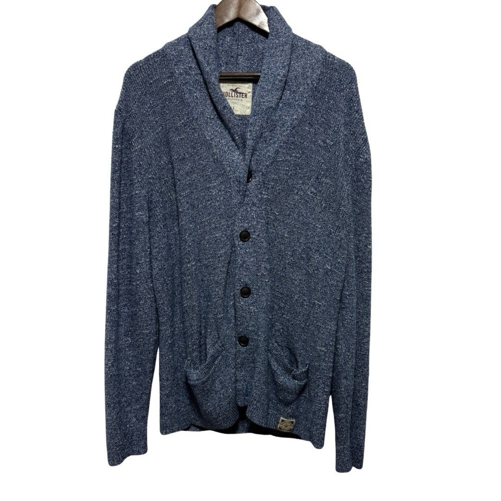 Hollister Cardigan Mens L Blue Marled Shaker Knit Button Front Pockets Relaxed